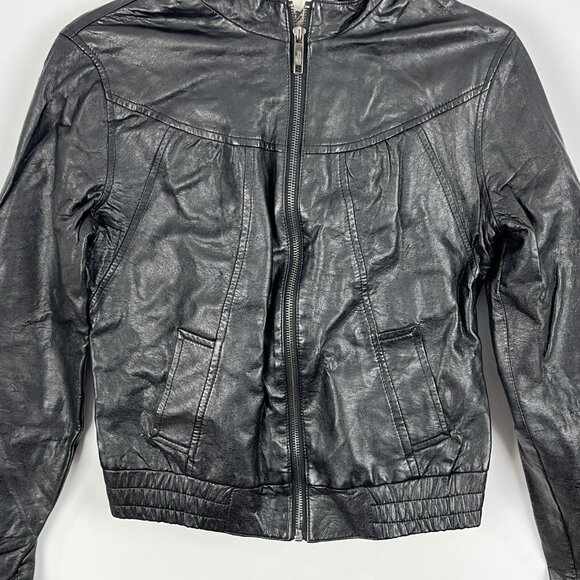 Kismet Cropped Biker Jacket Size S Black Faux Leather Long Sleeve Full Zip Band - Picture 3 of 9